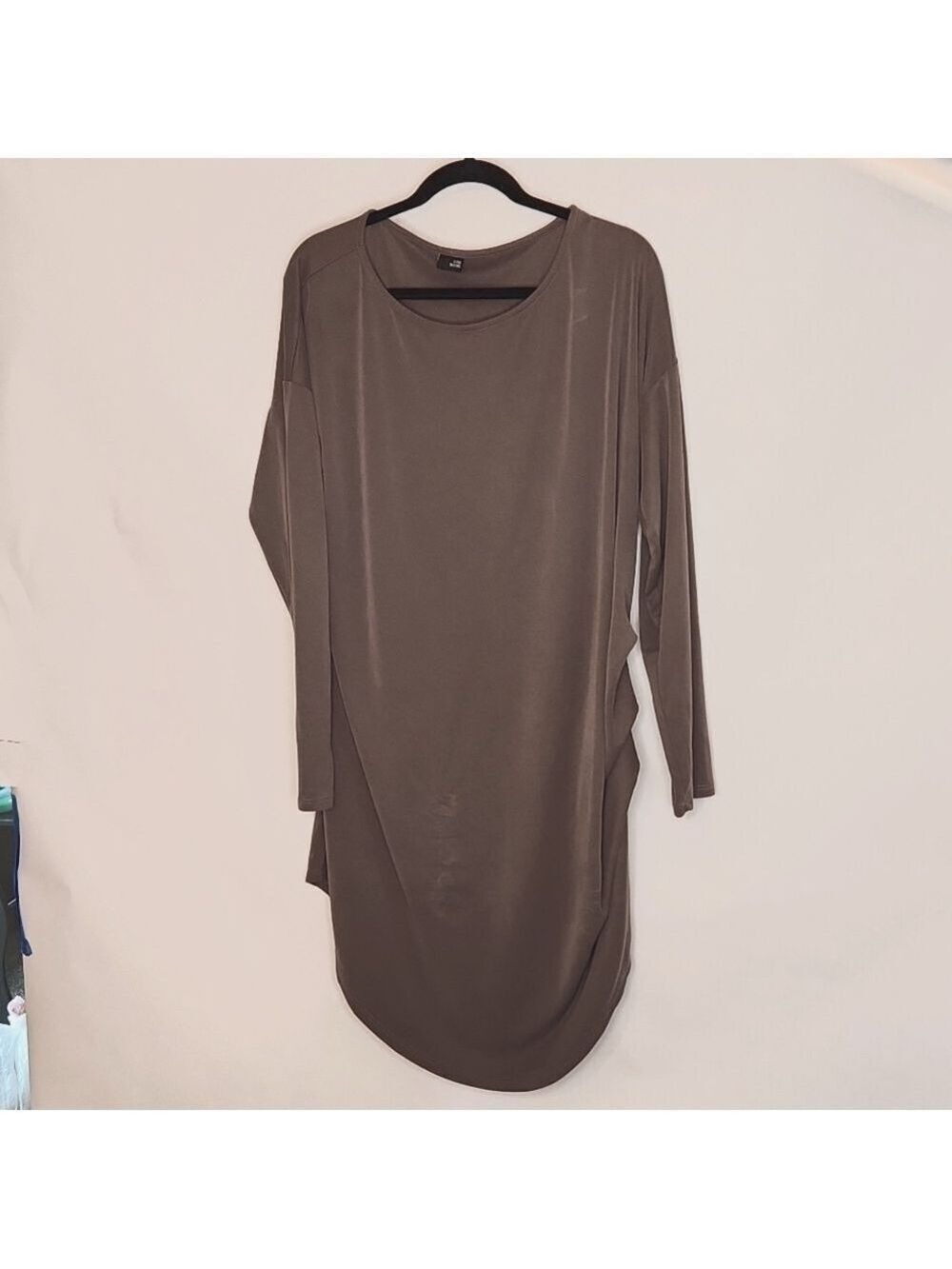 Lisa Bayne Lenzing Modal Shift Dress Taupe XXL Side Ruched Long Sleeve Lagenlook - Picture 2 of 16